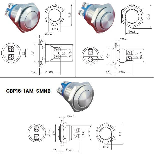 Dimensions boutons poussoirs antivandalisme diamètre 16