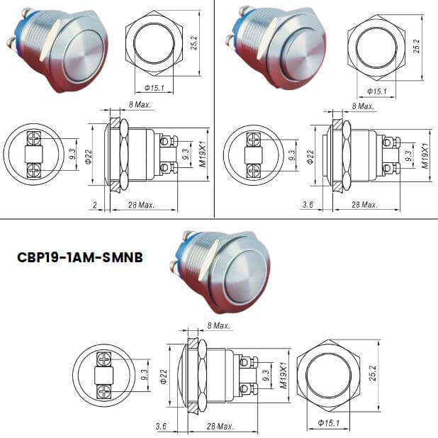 Dimensions poussoir anti-vandale diametre 19
