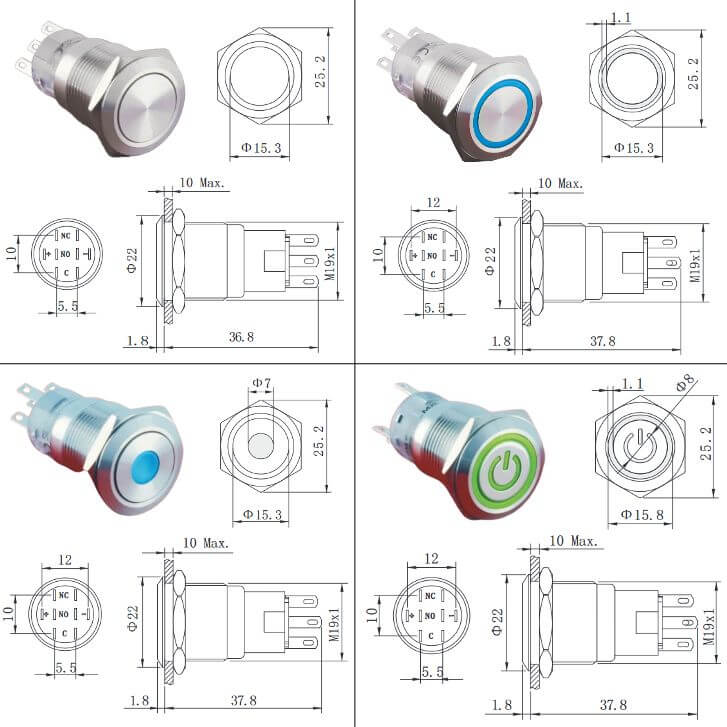 Dimensions poussoir anti-vandale diametre 19