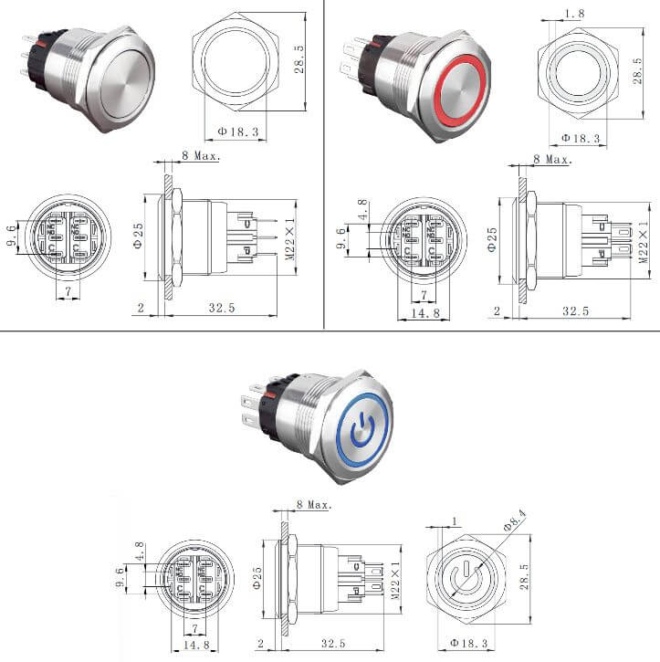 Schéma dimension interrupteur poussoir diametre 22