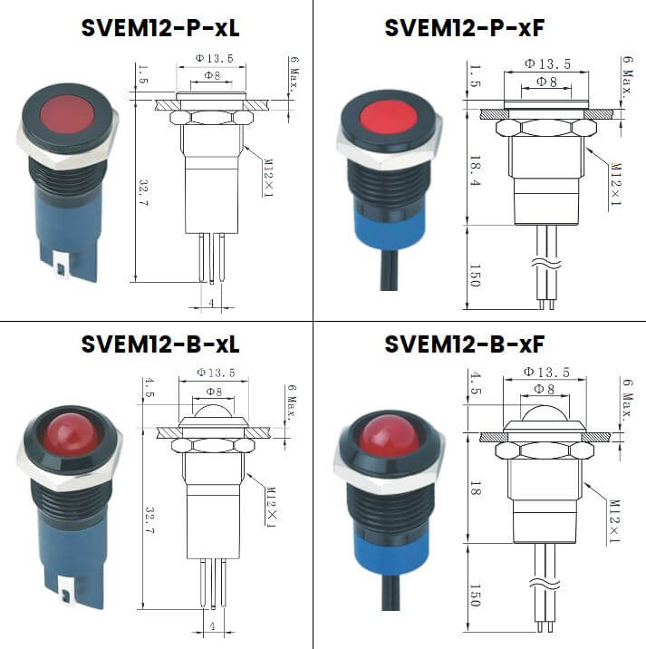 Dimensions voyants led diametre 12