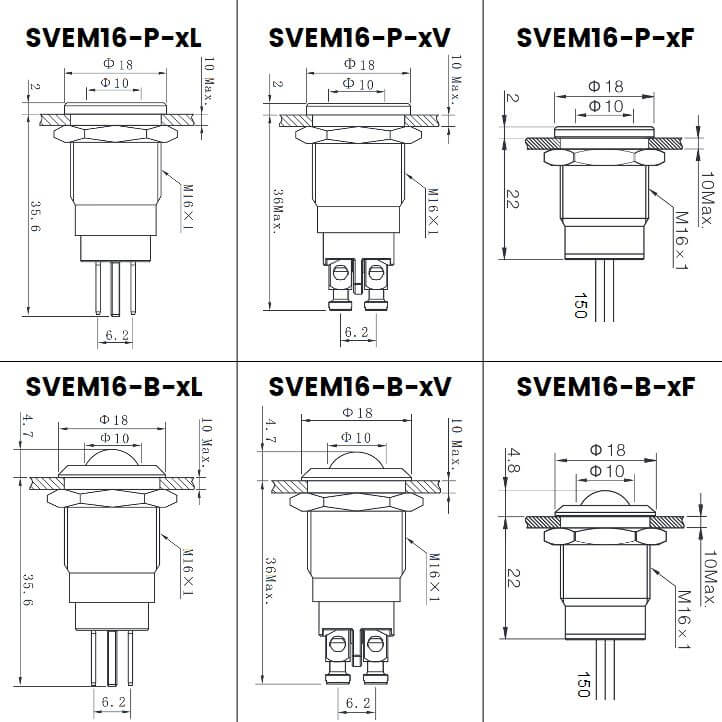 Dimensions voyants lumineux led diametre 16