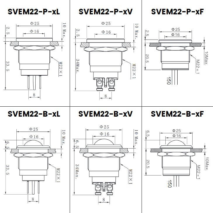 Dimensions indicateurs led diametre 22