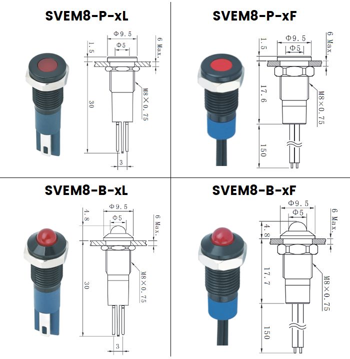 Dimensions indicateurs lumineux diametre 8