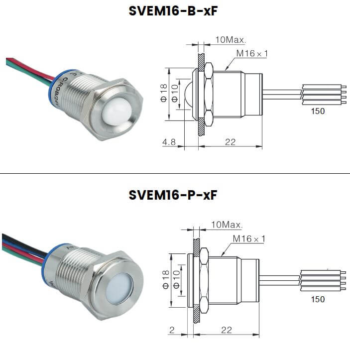 Dimensions voyants lumineux tri led diametre 16