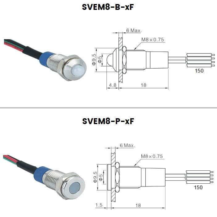 Dimensions voyant tri led diametre 8